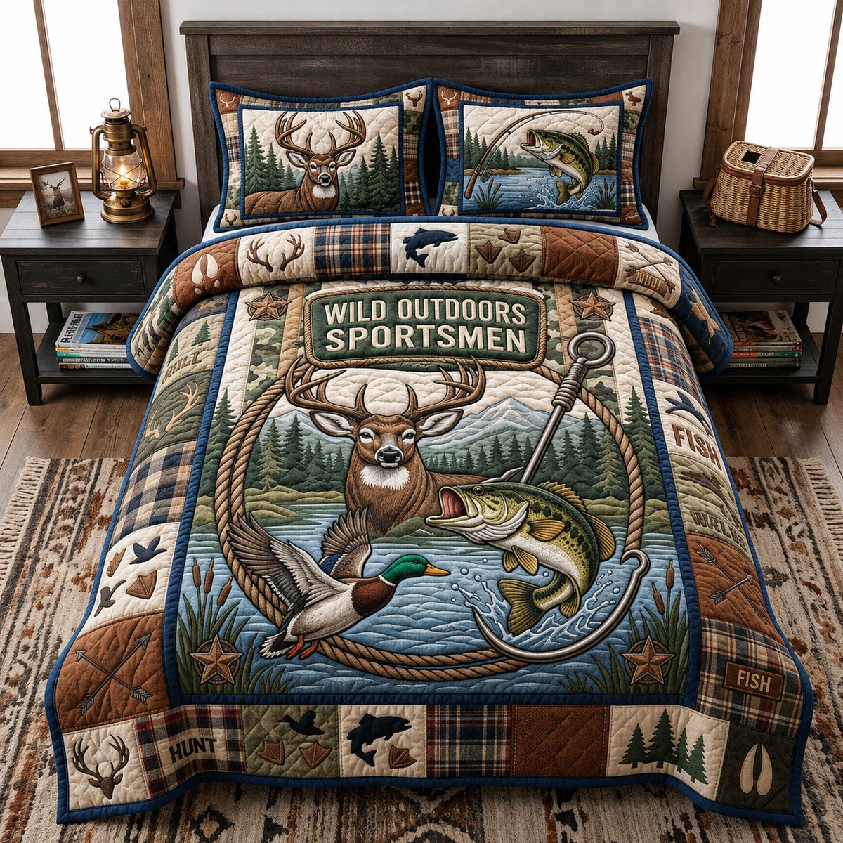 Hunting and Fishing 3 Piece Quilted Bedding Set Gift For Hunters