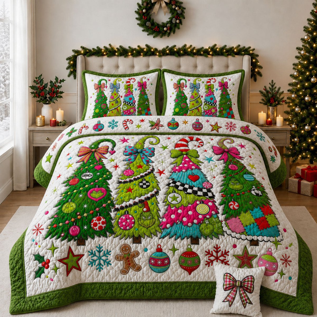 Merry 3 Piece Quilted Bedding Set Christmas Gift For Holiday Decor Lovers