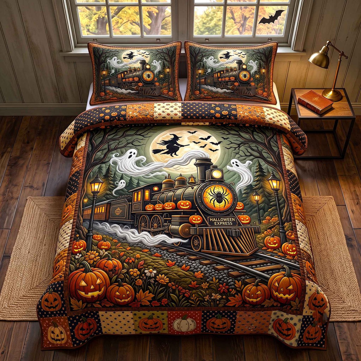 Haunted Express 3 Piece Quilted Bedding Set Halloween Gift For Gothic Decor Lovers