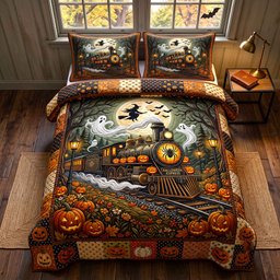 Haunted Express 3 Piece Quilted Bedding Set Halloween Gift For Gothic Decor Lovers