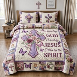 Blessed by God Hummingbird 3 Piece Quilted Bedding Set Gift For Christians