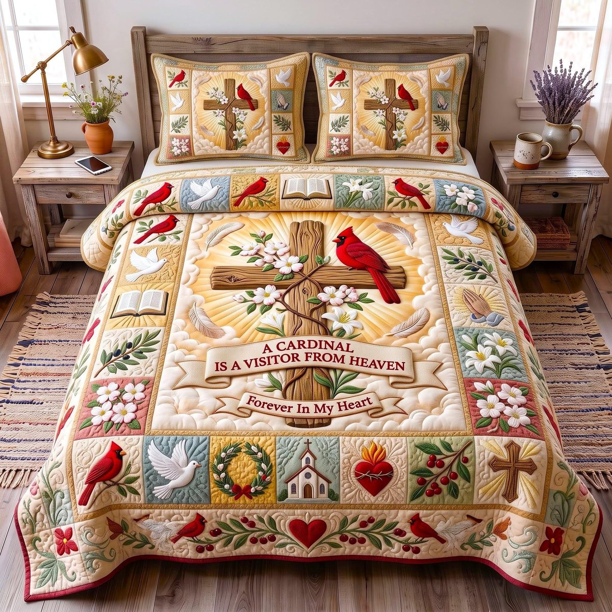 Cardinal Heaven 3 Piece Quilted Bedding Set Gift For Bird Lovers
