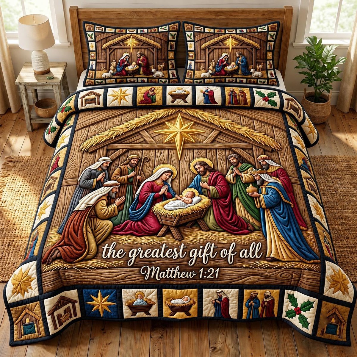 Nativity Scene Christian 3 Piece Quilted Bedding Set Gift For Christians