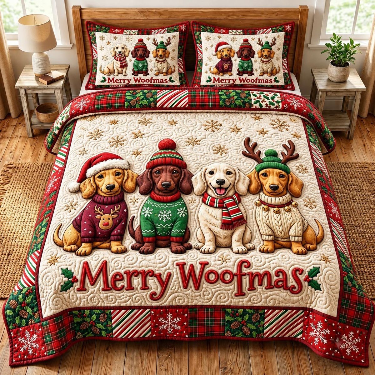 Dachshund Dog 3 Piece Quilted Bedding Set Christmas Gift For Dog Lovers