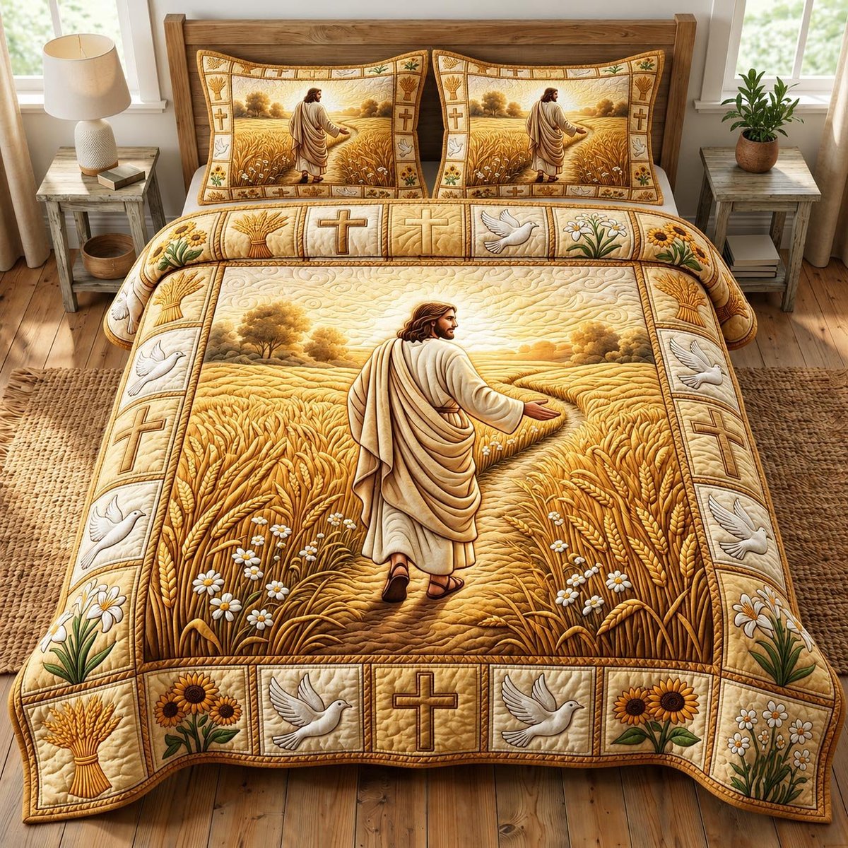Jesus Christ 3 Piece Quilted Bedding Set Gift For Christians