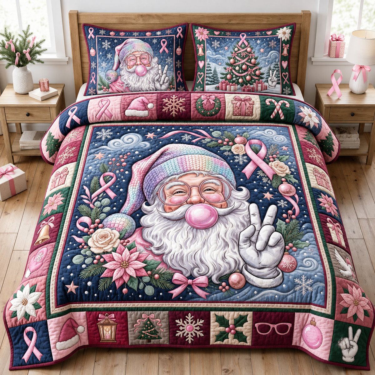 Disco Santa 3 Piece Quilted Bedding Set Christmas Gift For Holiday Decor Lovers