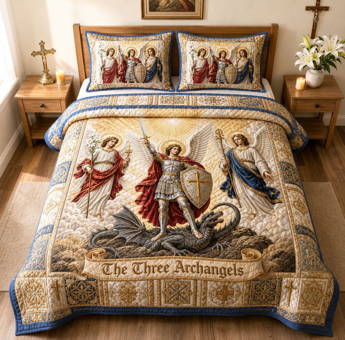 Three Archangels Victory Christian 3 Piece Quilted Bedding Set Gift For Christians