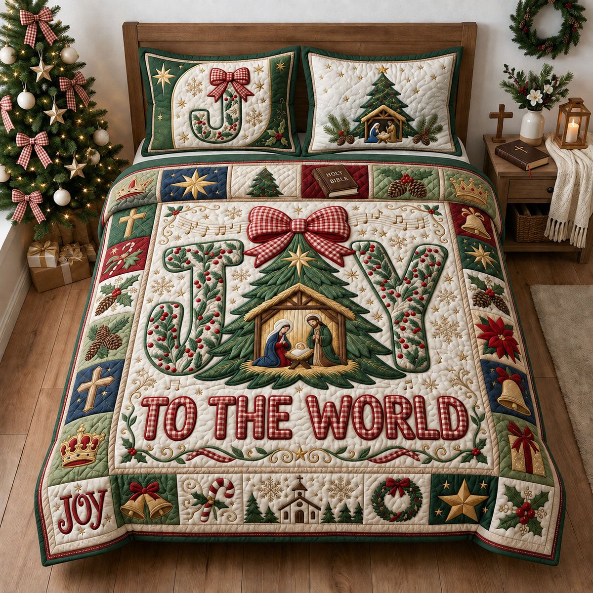 Joy to the World 3 Piece Quilted Bedding Set Gift For Christians