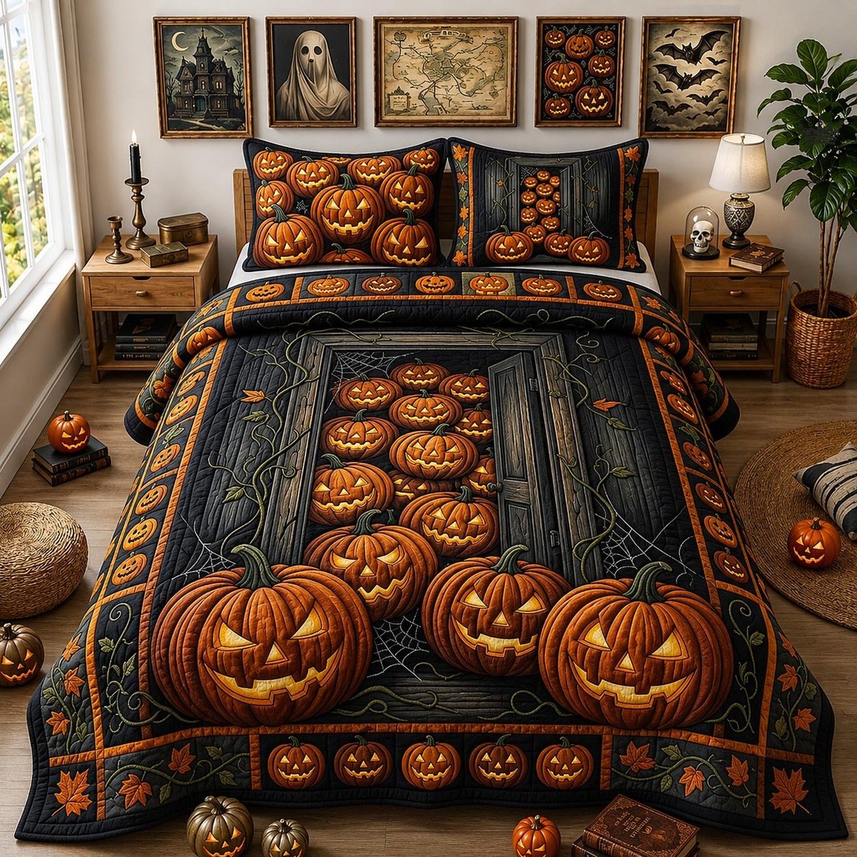 Pumpkin Watch 3 Piece Quilted Bedding Set Halloween Gift For Gothic Decor Lovers