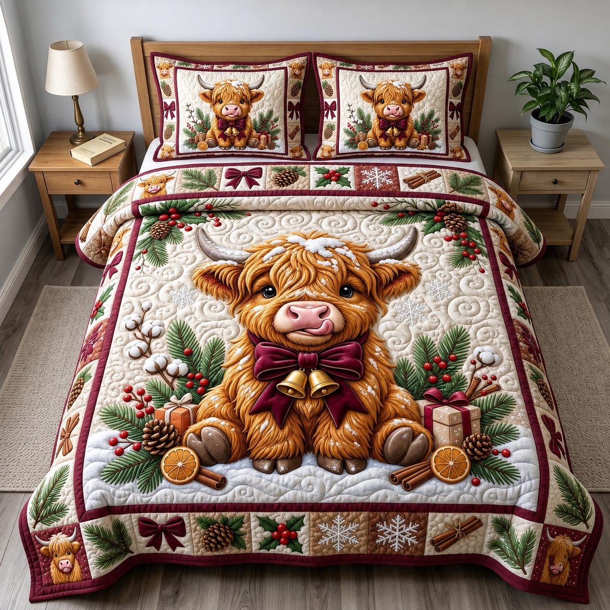 Highland Cow 3 Piece Quilted Bedding Set Christmas Gift For Cow Lovers