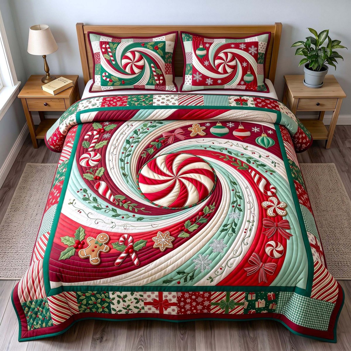 Peppermint Twist 3 Piece Quilted Bedding Set Gift For Holiday Decor Lovers