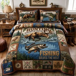 Hunting and Fishing 3 Piece Quilted Bedding Set Gift For Hunters