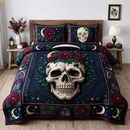Gothic Floral Skull 3 Piece Quilted Bedding Set Gift For Flower Lovers