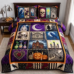 Pumpkin Hollow 3 Piece Quilted Bedding Set Halloween Gift For Gothic Decor Lovers