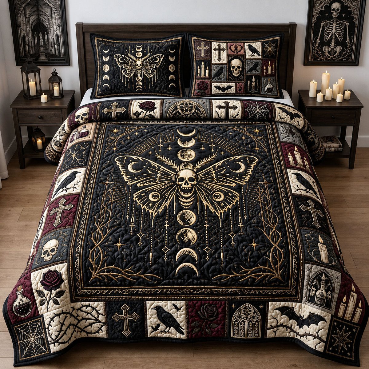 Skull Moth Cross 3 Piece Quilted Bedding Set Gift For Butterfly Lovers