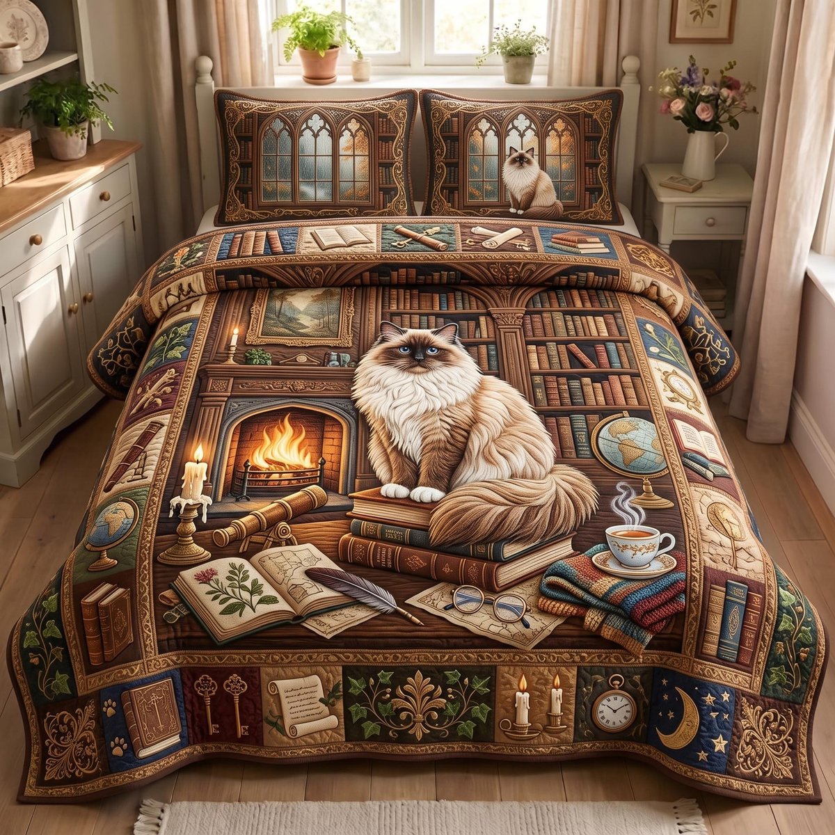 Library Ragdoll Cat 3 Piece Quilted Bedding Set Gift For Book Lovers