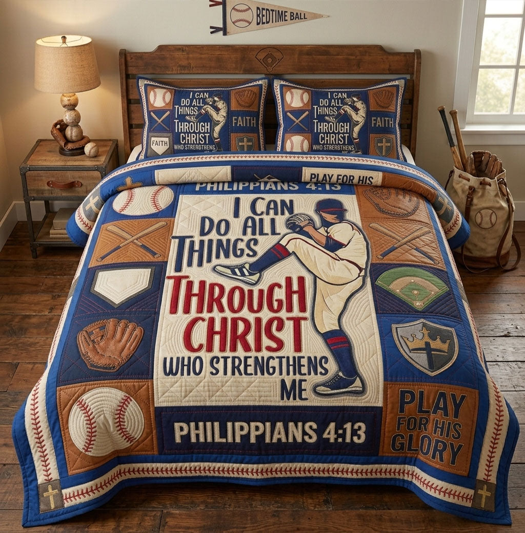 Philippians 4 13 Baseball Player Faith 3 Piece Quilted Bedding Set Gift For Christians