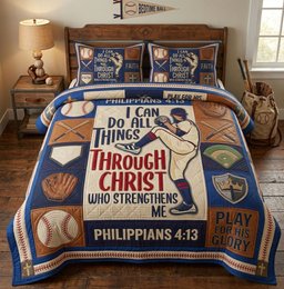 Philippians 4 13 Baseball Player Faith 3 Piece Quilted Bedding Set Gift For Christians