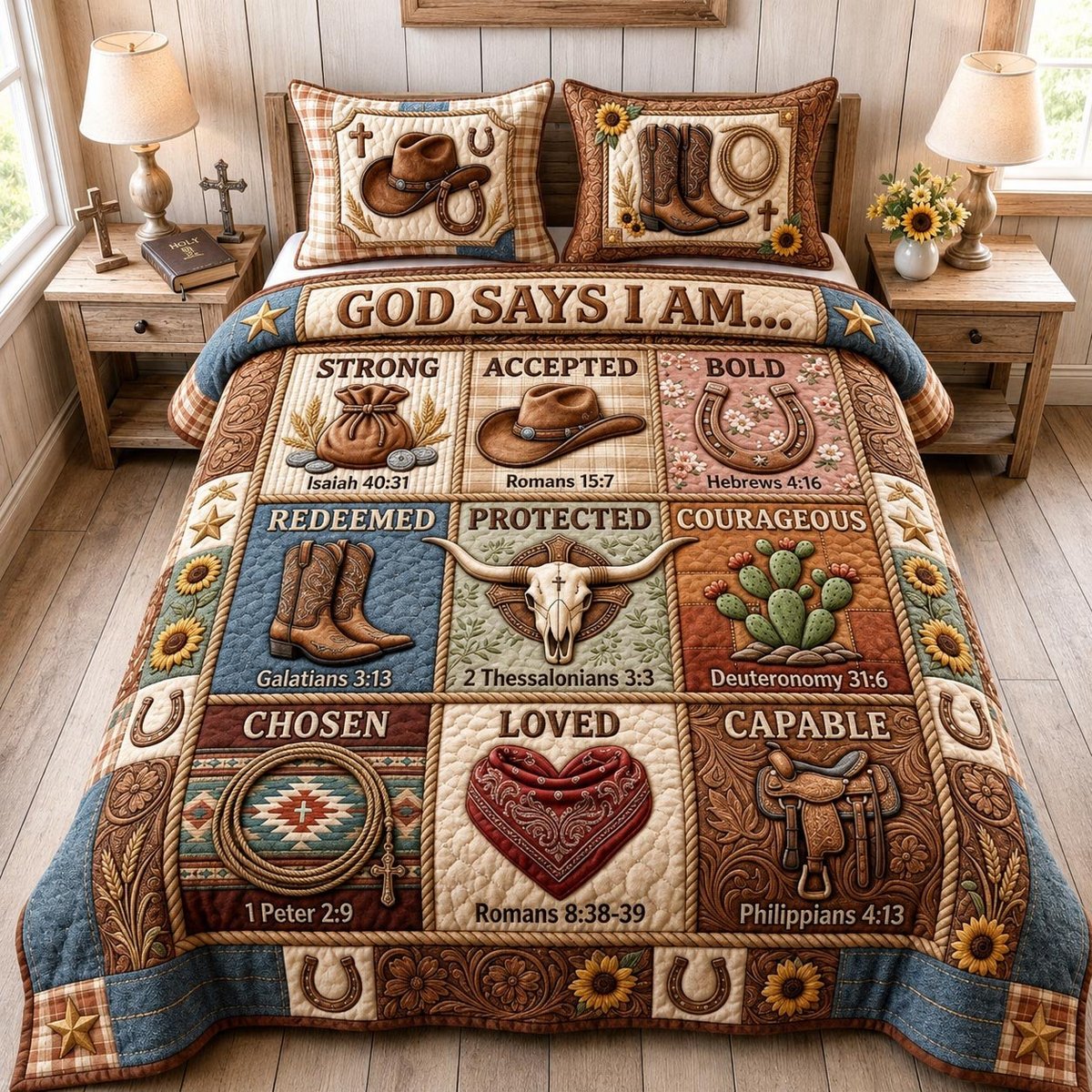 Cowboy Faith 3 Piece Quilted Bedding Set Gift For Christians