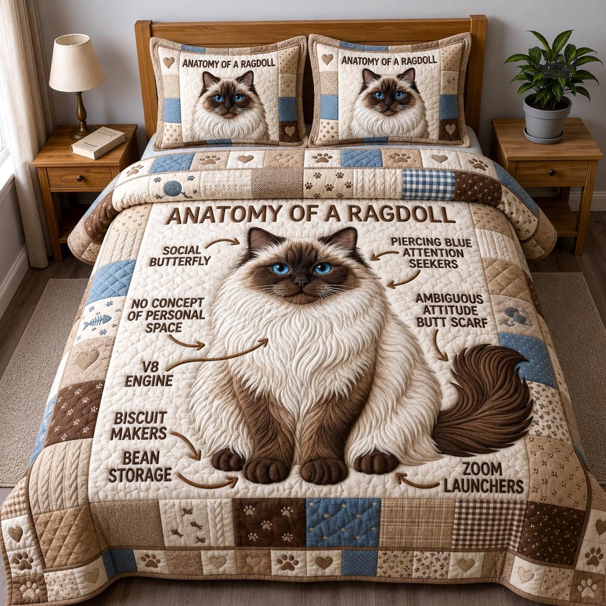 Ragdoll Anatomy Cat 3 Piece Quilted Bedding Set Gift For Cat Lovers