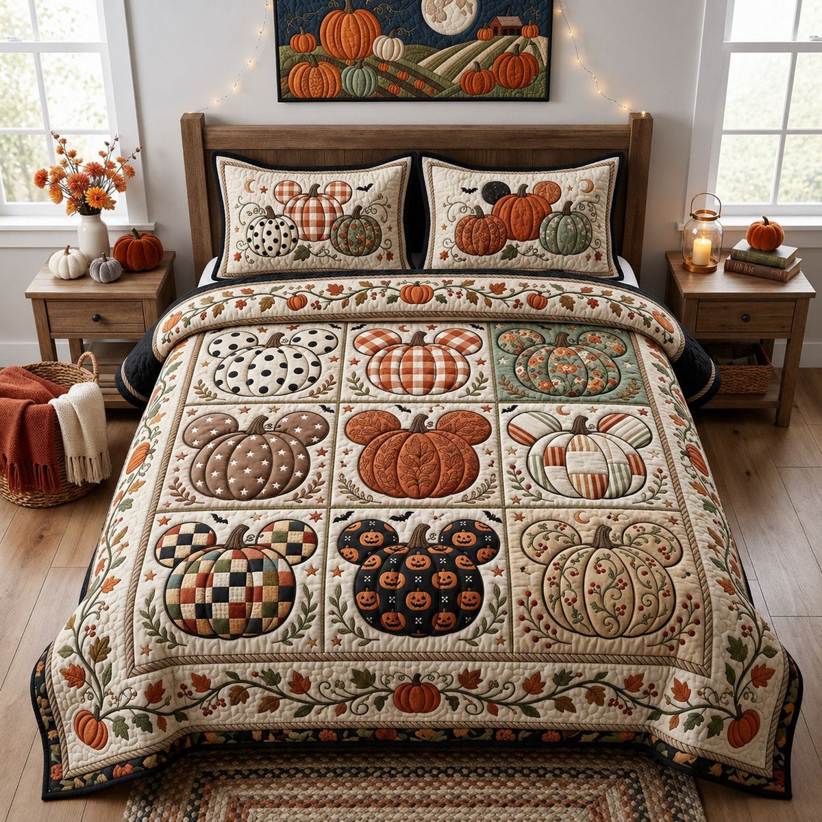 Pumpkin Mouse Cat 3 Piece Quilted Bedding Set Halloween Gift For Gothic Decor Lovers