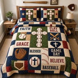 Baseball Faith Cross Patchwork 3 Piece Quilted Bedding Set Gift For Christians