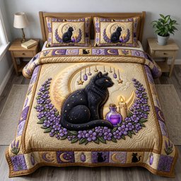 Black Cat 3 Piece Quilted Bedding Set Gift For Cat Lovers