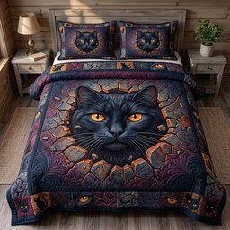 Black Cat 3 Piece Quilted Bedding Set Gift For Cat Lovers