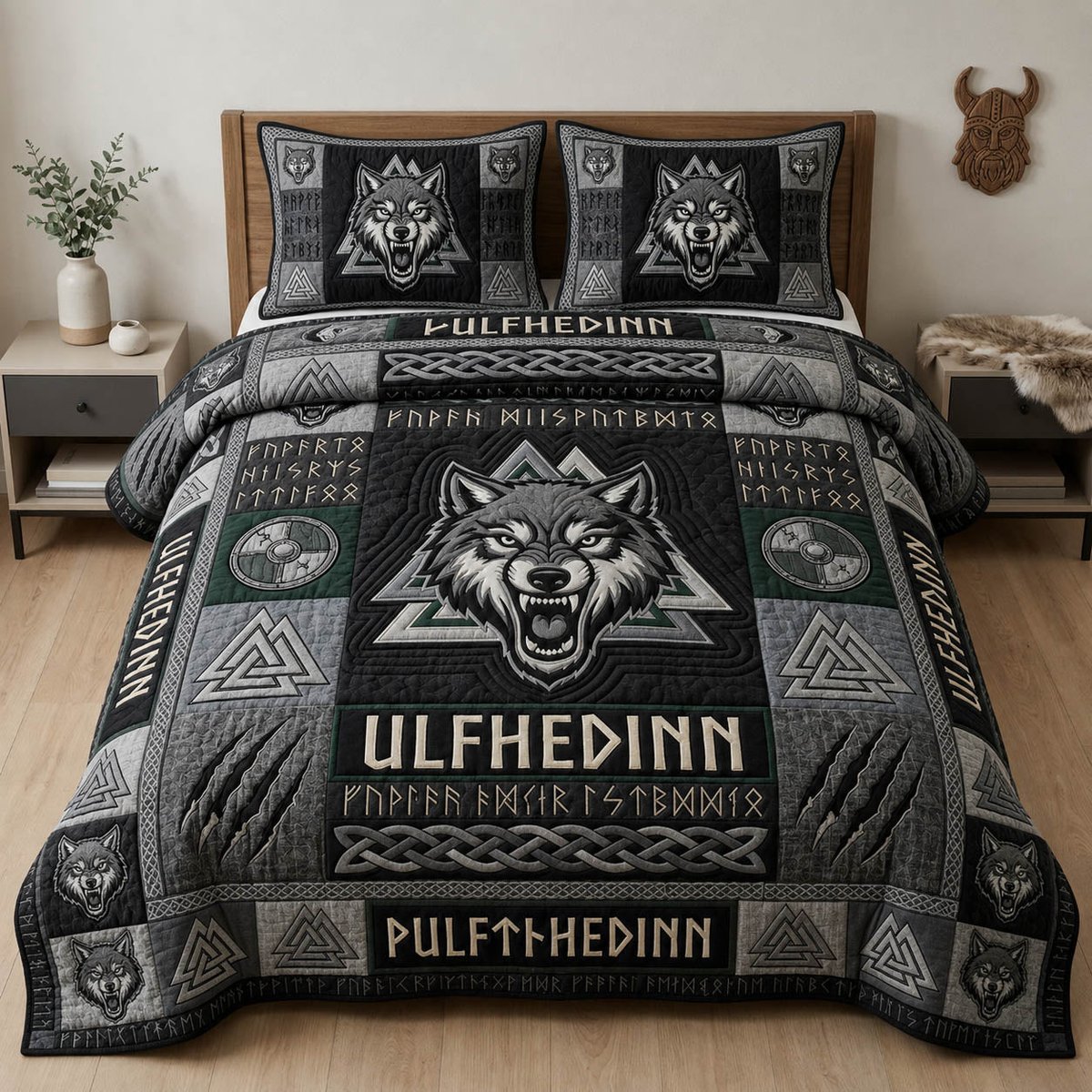 Viking Wolf Skull 3 Piece Quilted Bedding Set Gift For Wolf Lovers