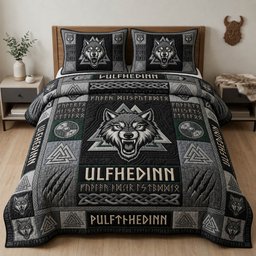 Viking Wolf Skull 3 Piece Quilted Bedding Set Gift For Wolf Lovers