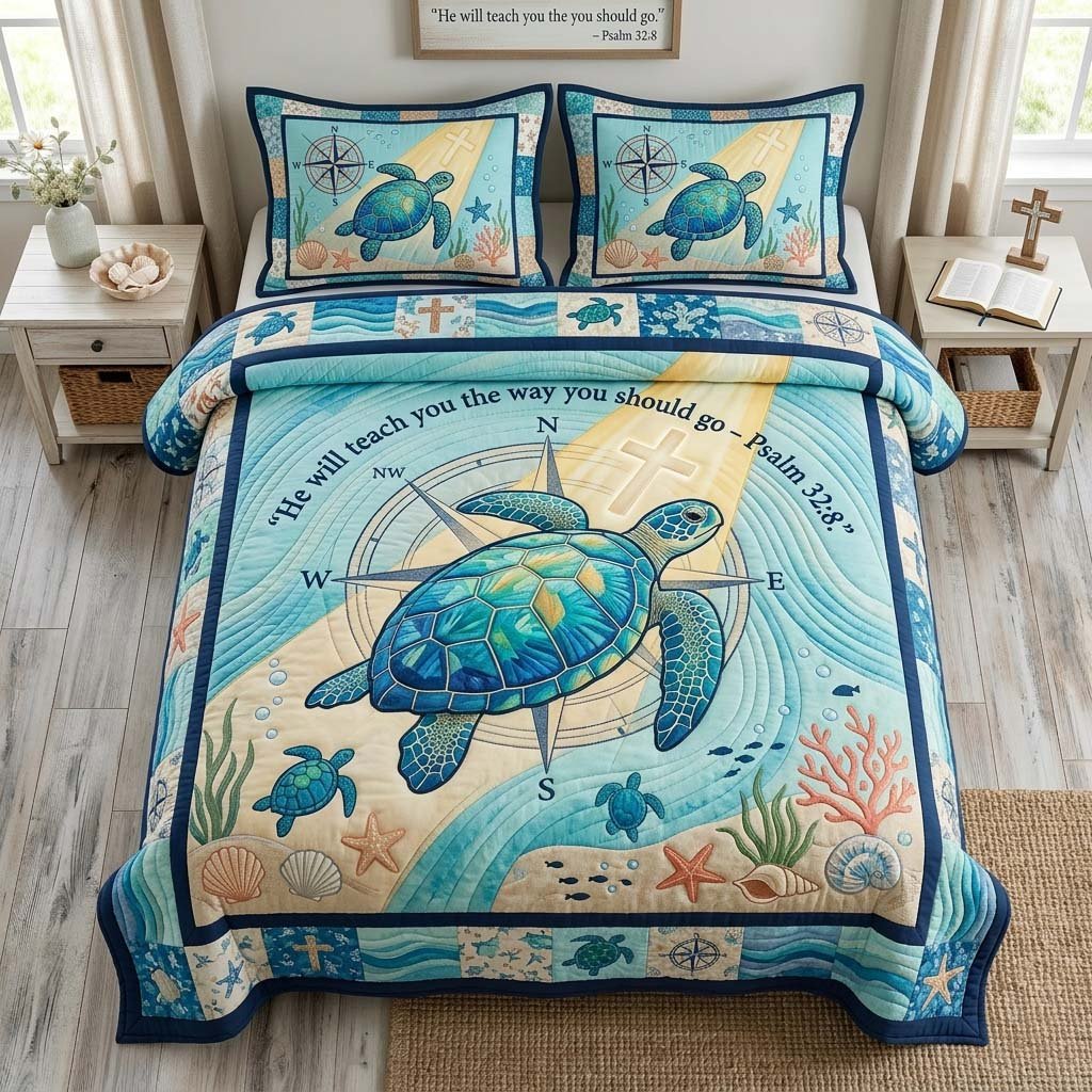 Psalm Compass Christian 3 Piece Quilted Bedding Set Gift For Christians