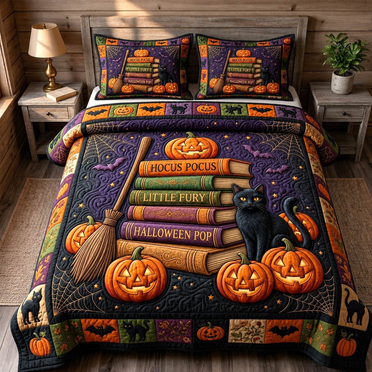 Black Cat 3 Piece Quilted Bedding Set Gift For Cat Lovers