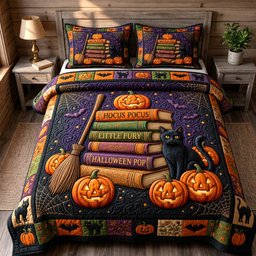Black Cat 3 Piece Quilted Bedding Set Gift For Cat Lovers