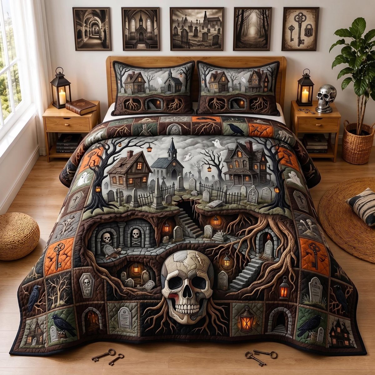 Ghost Town 3 Piece Quilted Bedding Set Halloween Gift For Gothic Decor Lovers