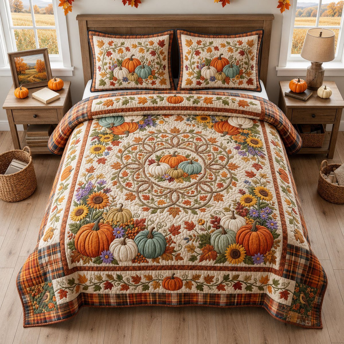 Autumn Pumpkin 3 Piece Quilted Bedding Set Gift For Cat Lovers