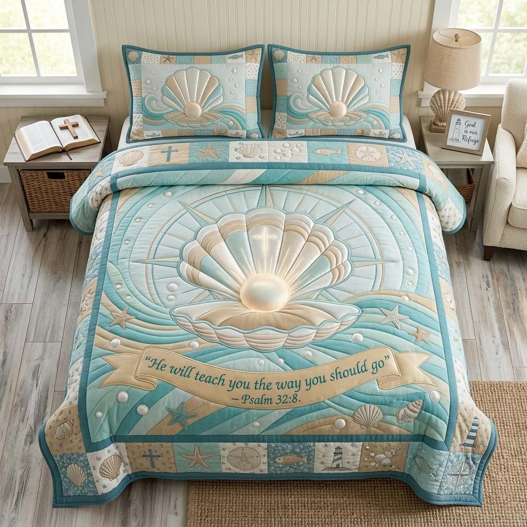 Coastal Blessing Christian 3 Piece Quilted Bedding Set Gift For Beach Lovers