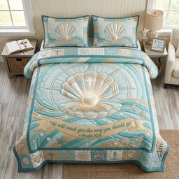 Coastal Blessing Christian 3 Piece Quilted Bedding Set Gift For Beach Lovers