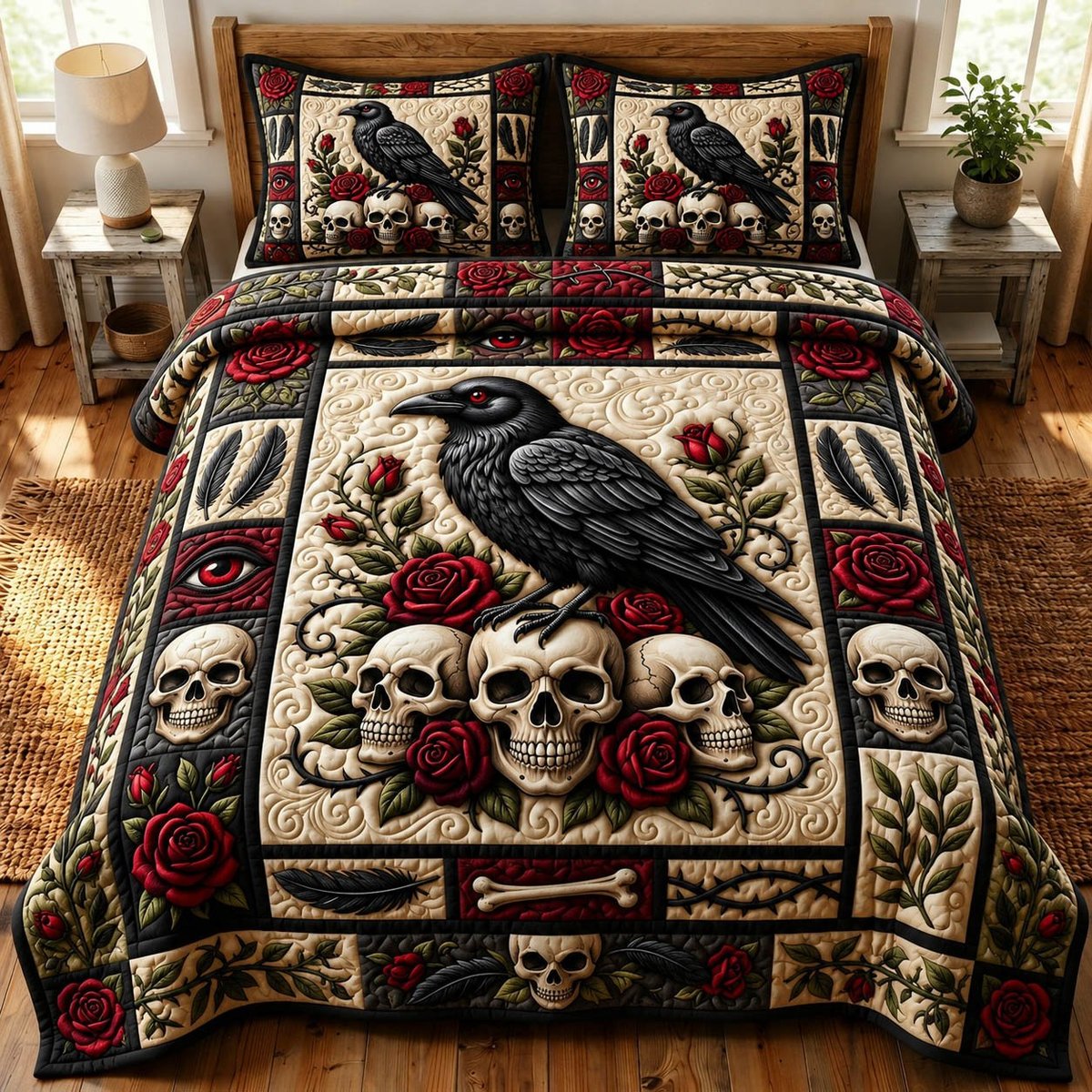 Haunted Skeleton 3 Piece Quilted Bedding Set Halloween Gift For Gothic Decor Lovers