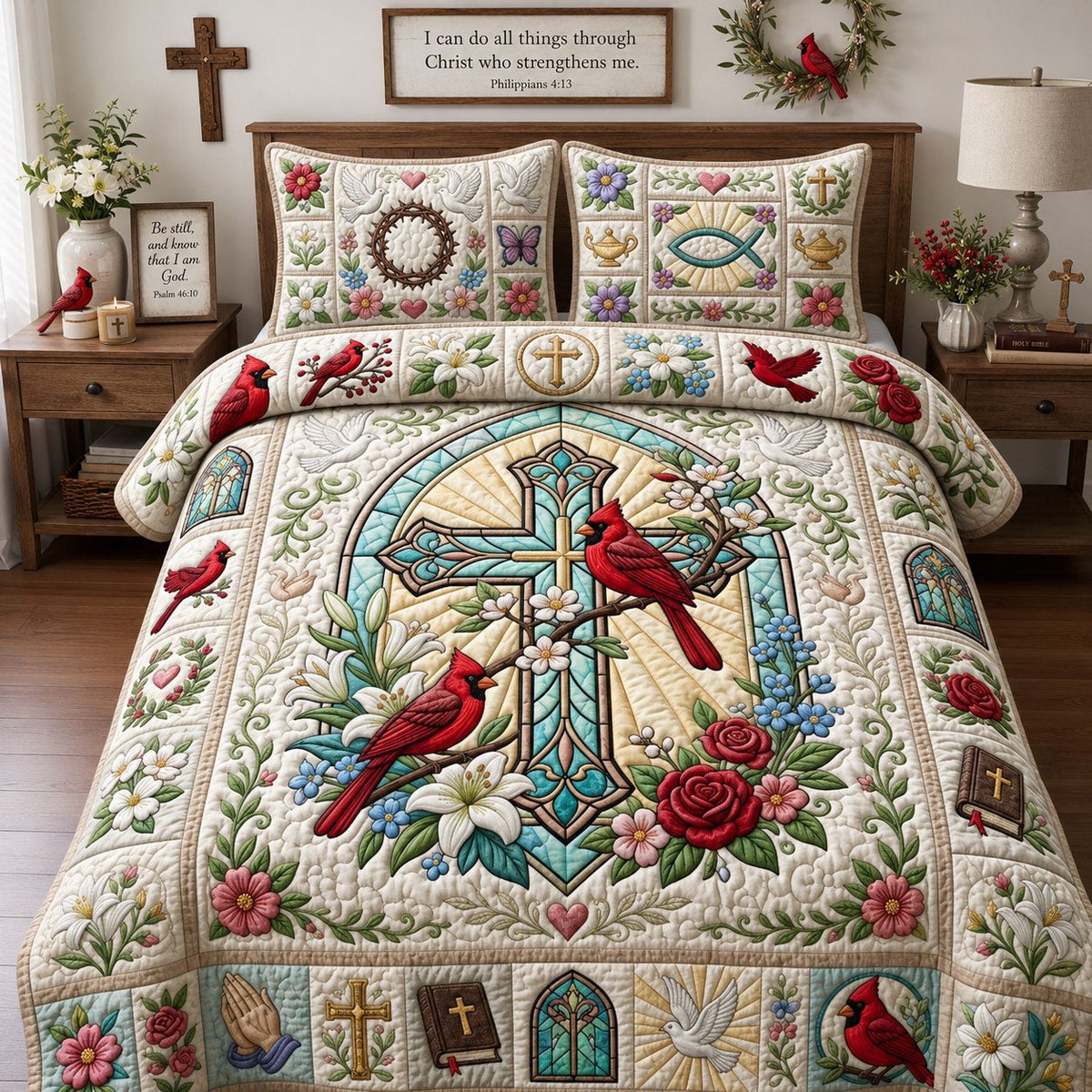 Cross Faith Cardinal 3 Piece Quilted Bedding Set Gift For Bird Lovers