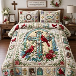 Cross Faith Cardinal 3 Piece Quilted Bedding Set Gift For Bird Lovers