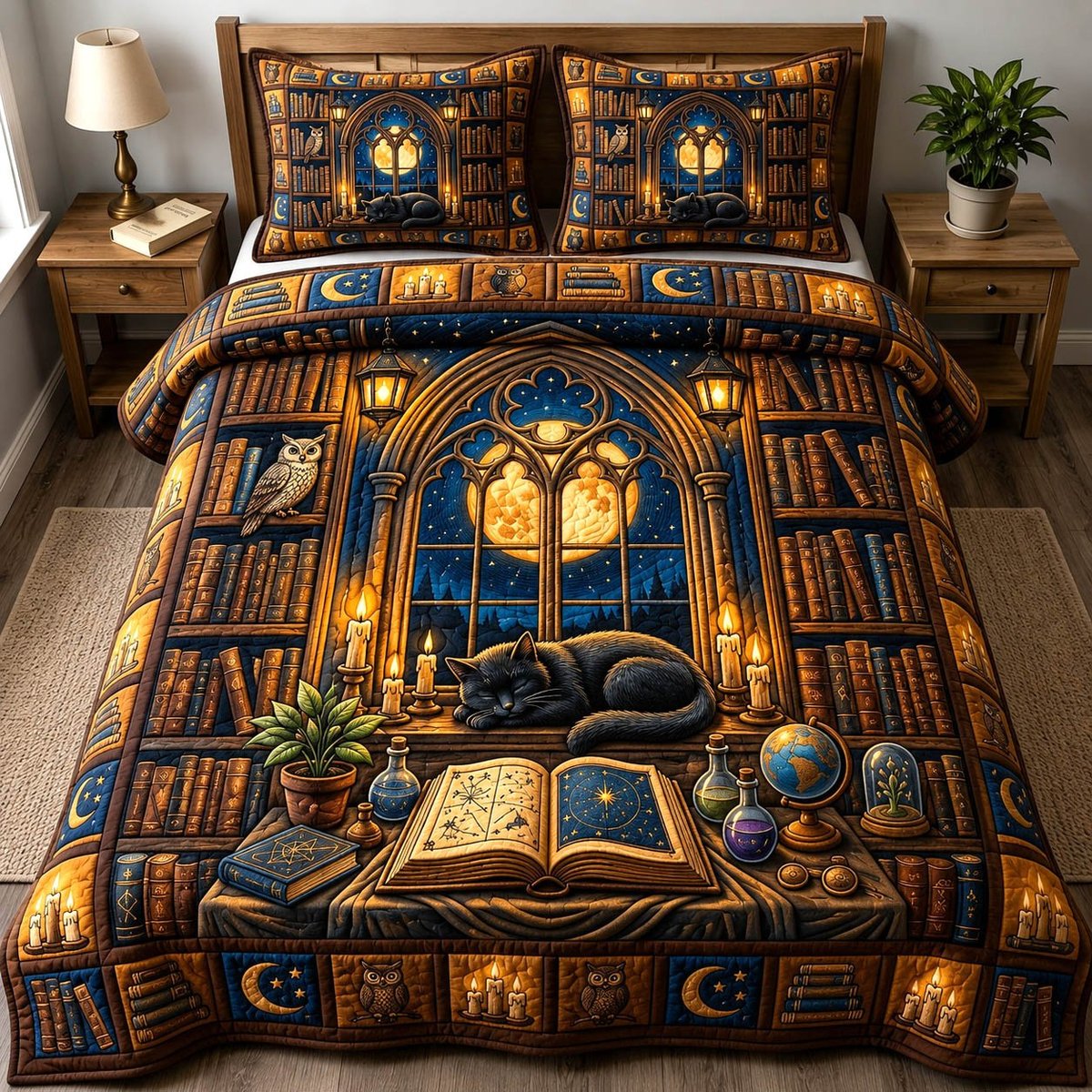 Black Cat 3 Piece Quilted Bedding Set Gift For Cat Lovers