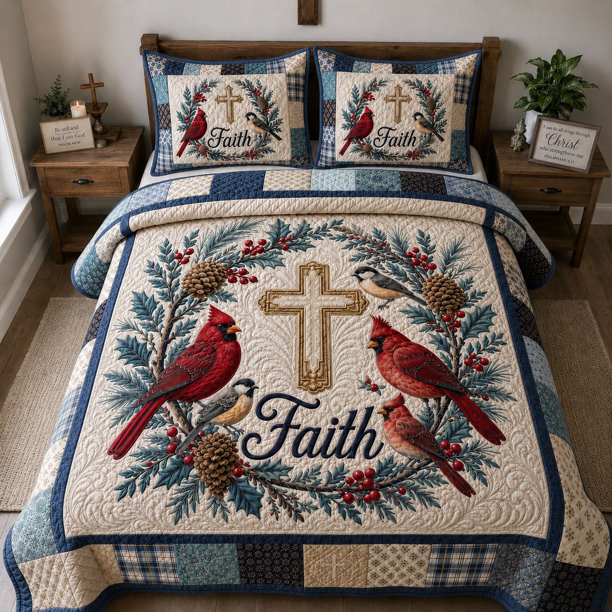 Faithful Cardinals Grace 3 Piece Quilted Bedding Set Gift For Bird Lovers