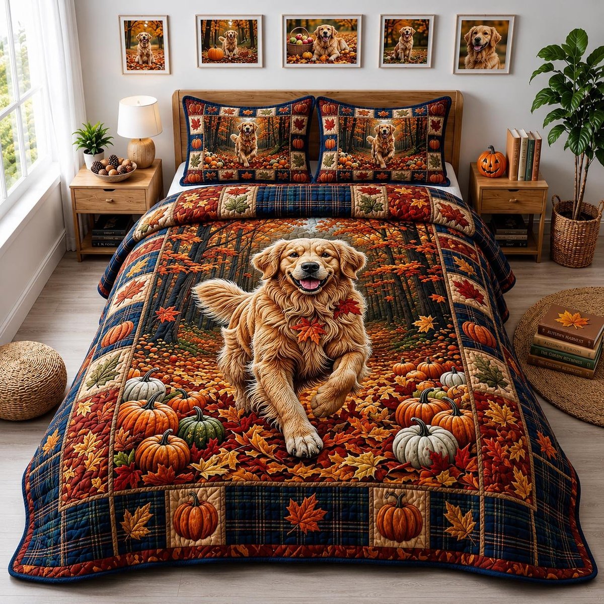 Golden Harvest Golden Retriever 3 Piece Quilted Bedding Set Gift For Dog Lovers