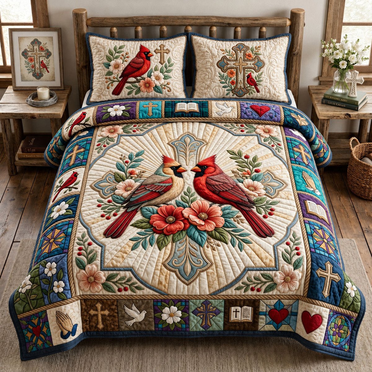 Cross Faith Cardinal 3 Piece Quilted Bedding Set Gift For Bird Lovers