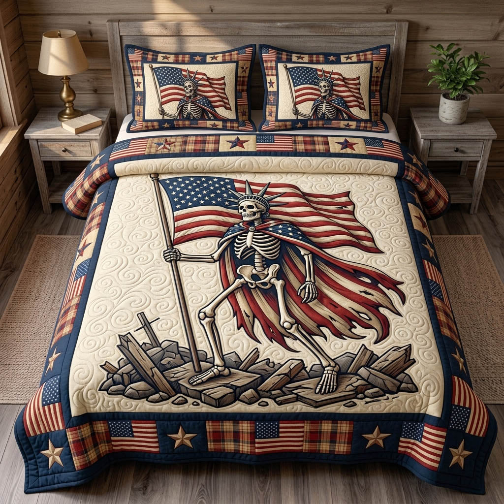 Patriotic Skull 3 Piece Quilted Bedding Set Gift For Gothic Decor Lovers
