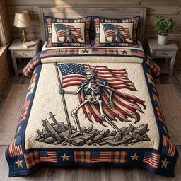 Patriotic Skull 3 Piece Quilted Bedding Set Gift For Gothic Decor Lovers