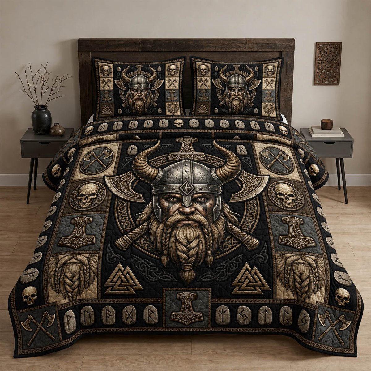 Viking Skull 3 Piece Quilted Bedding Set Gift For Wolf Lovers