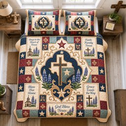 God Bless Texas Cross Medallion 3 Piece Quilted Bedding Set Gift For Western Lovers