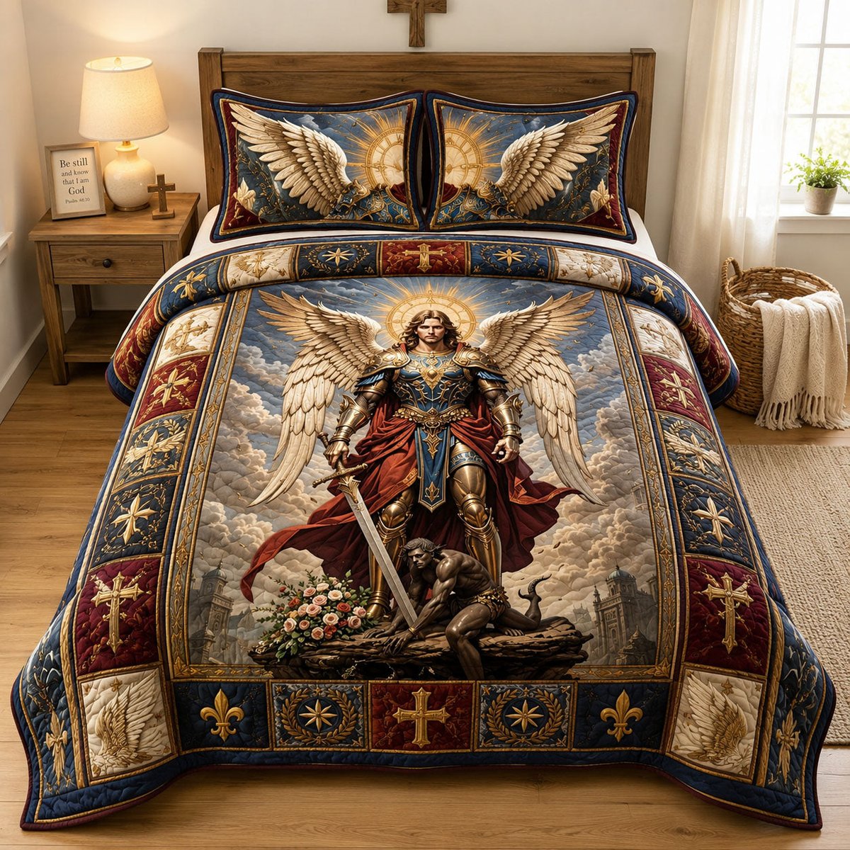 Saint Michael Triumph Over Evil 3 Piece Quilted Bedding Set Gift For Home Decor Lovers