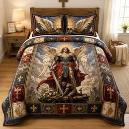 Saint Michael Triumph Over Evil 3 Piece Quilted Bedding Set Gift For Home Decor Lovers